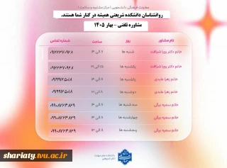 جدول ساعات مشاوره تلفنی روانشناسان دانشکده - بهار 1405
