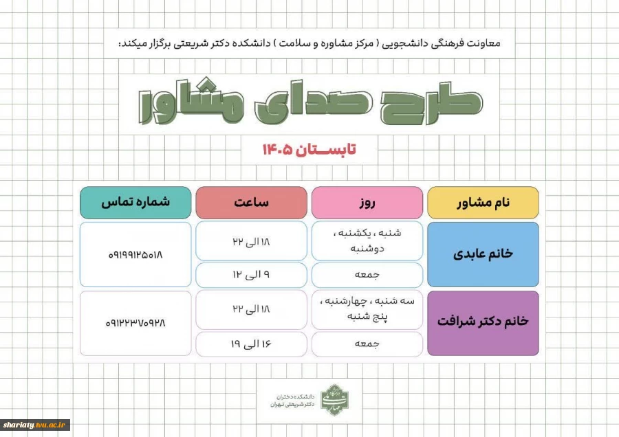 قابل توجه دانشجویان/ بهره‌مندی از راهنمایی مشاوران دانشکده در ایام تابستان
 2